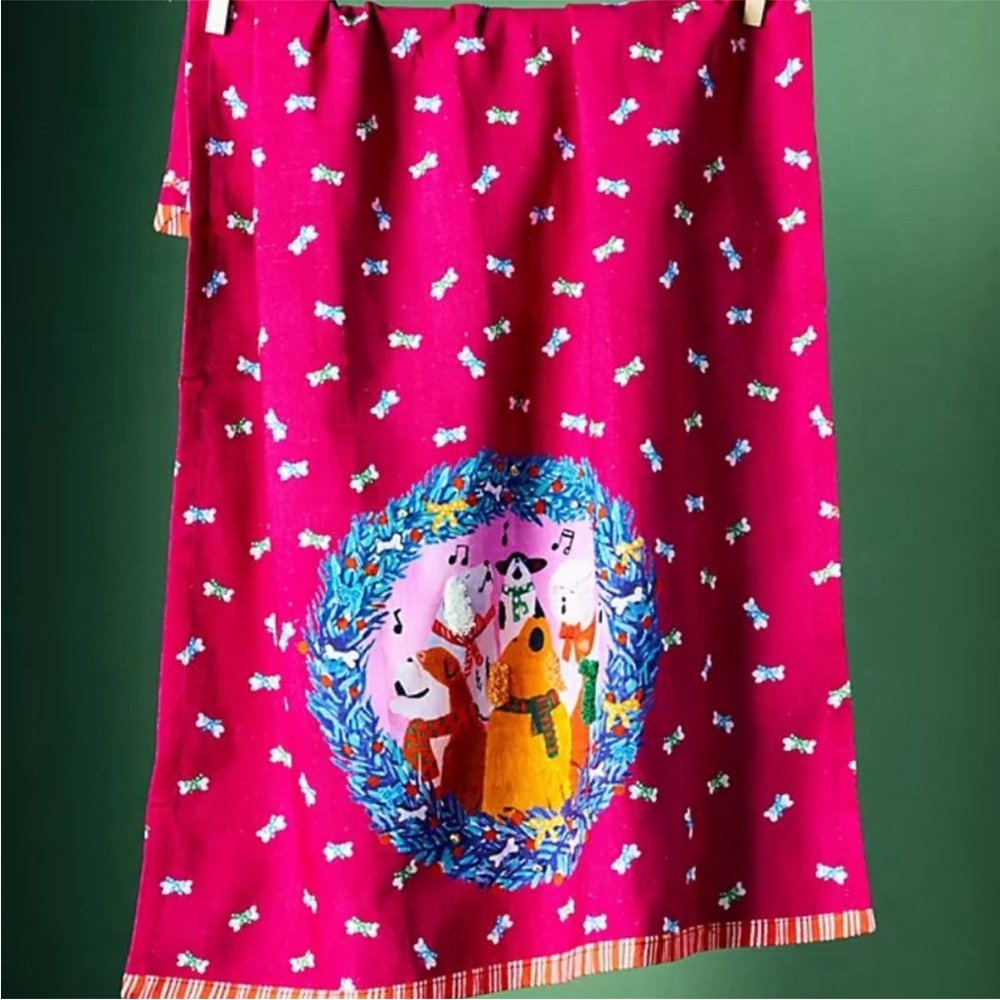 Anthropologie Hot Pink Holiday Choir Animal Kitchen Towel